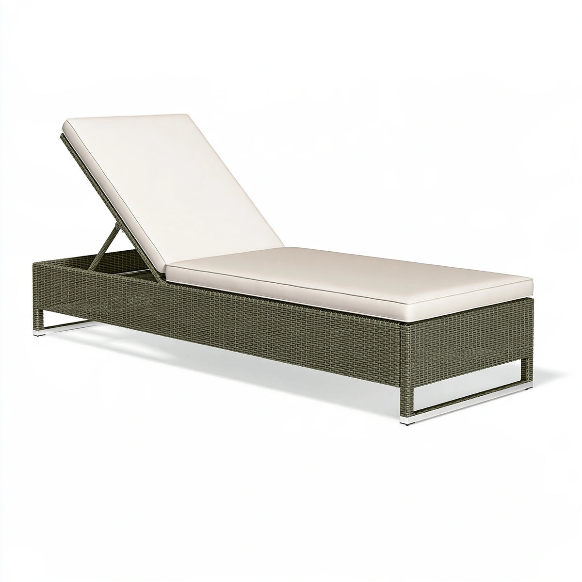 Lettino prendisole 200 x 70 x 35 cm in rattan sintetico grigio tortora con cuscino beige e schienale reclinabile