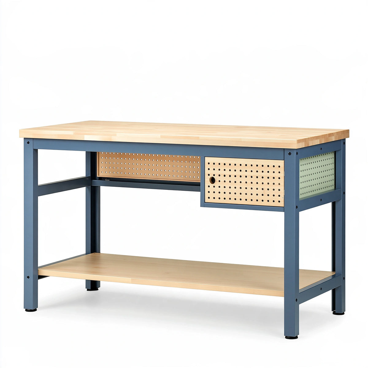 Banco da lavoro 120x60x90 cm in legno e metallo blu naturale e verde con cassetto stile industriale