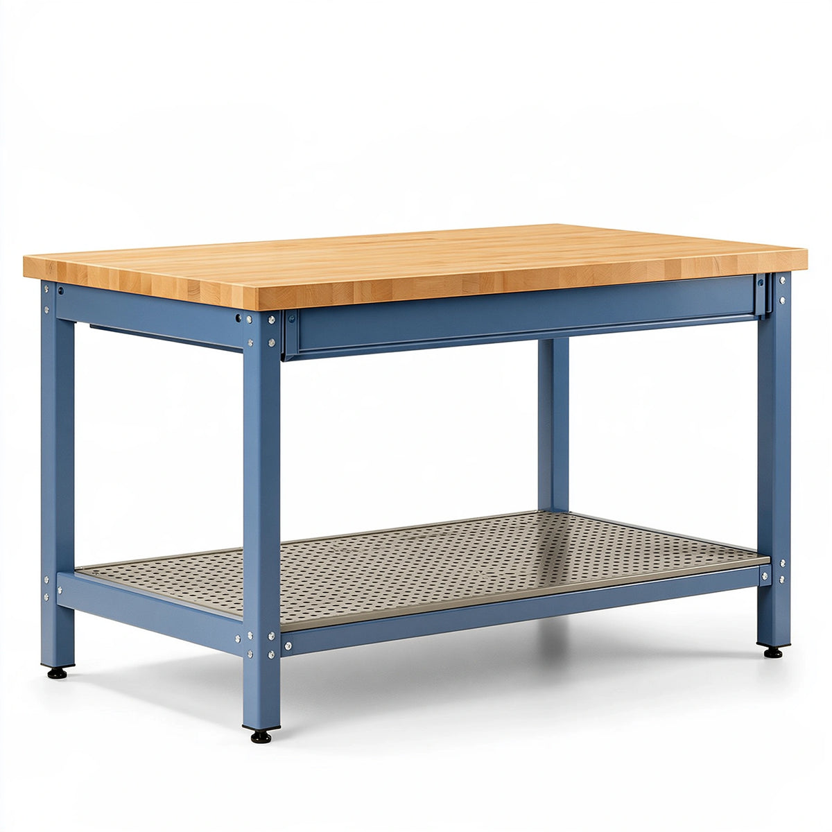Banco da lavoro 120 x 60 x 85 cm in legno e acciaio blu con cassetto e ripiano perforato