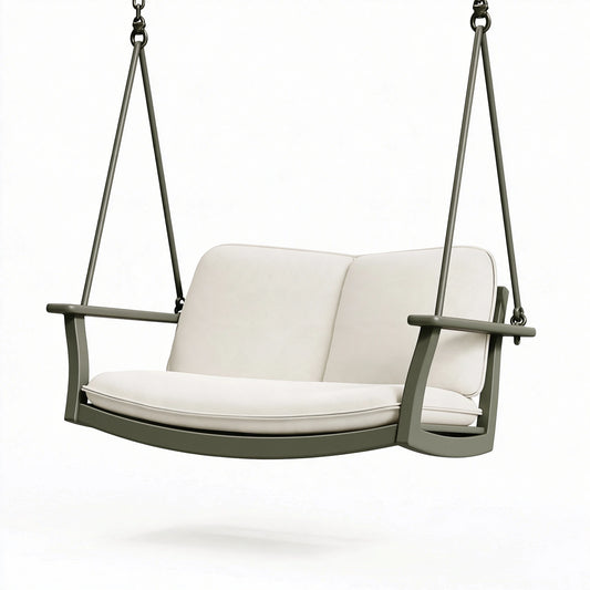Dondolo sospeso 130 x 75 x 120 cm in metallo verde oliva e tessuto beige per esterno
