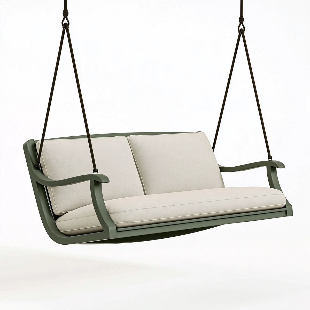 Dondolo sospeso da giardino 130 x 70 x 65 cm in metallo verde salvia con seduta beige a 2 posti