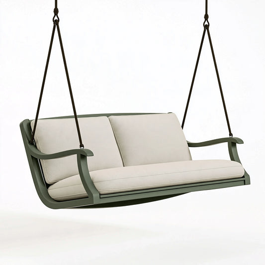 Dondolo sospeso da giardino 130 x 70 x 65 cm in metallo verde salvia con seduta beige a 2 posti