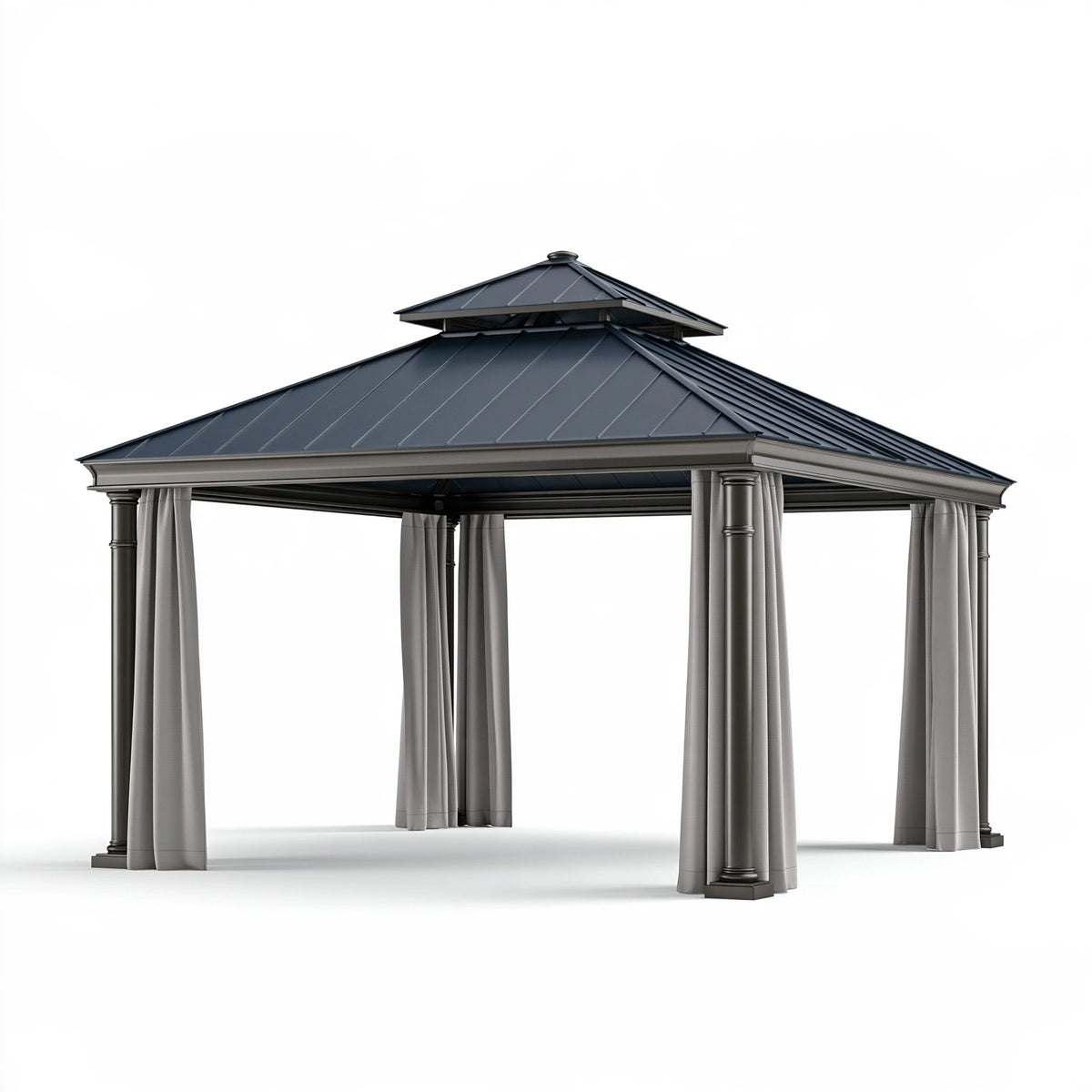 Gazebo 300 x 300 x 290 cm in metallo grigio antracite con tende - copertura a doppio tetto