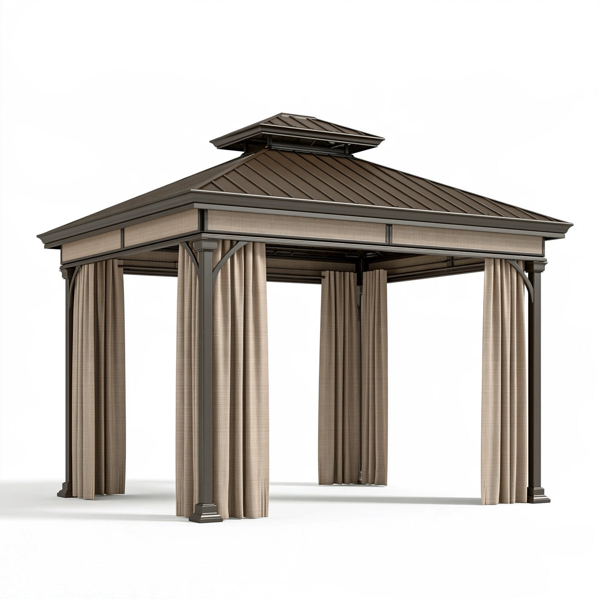 Gazebo da giardino 300 x 300 cm in metallo marrone con tende laterali - copertura a doppio tetto