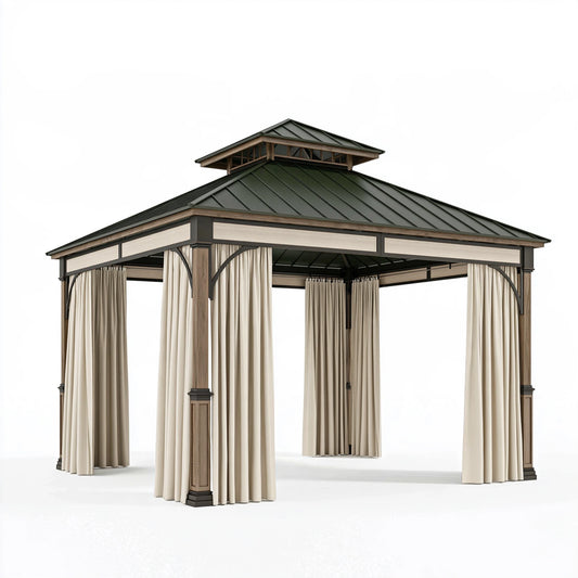 Gazebo da giardino 300 x 300 x 300 cm - struttura in metallo marrone con tende beige e tetto a padiglione