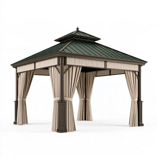 Gazebo 300 x 300 x 300 cm in metallo marrone e verde con tende per esterno stile classico