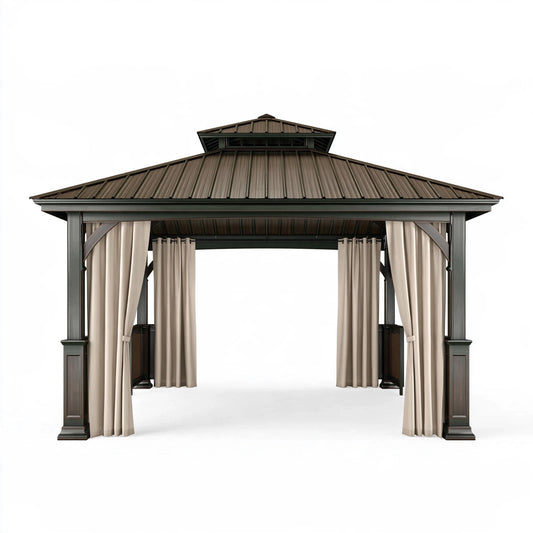 Gazebo da giardino 300 x 300 cm in metallo marrone con tende stile classico