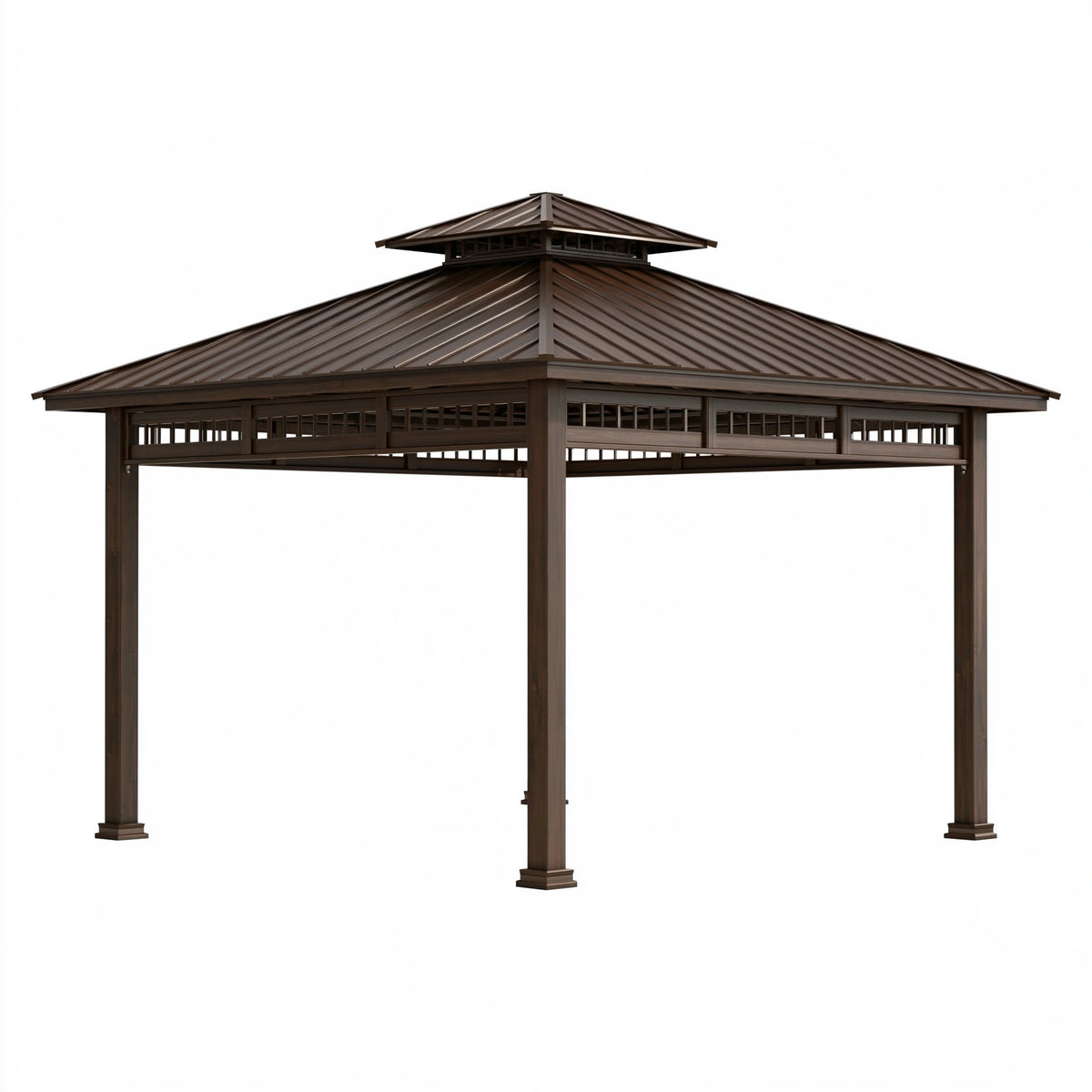 Gazebo 300x300x290 cm in metallo marrone con tetto a doppio livello per esterni
