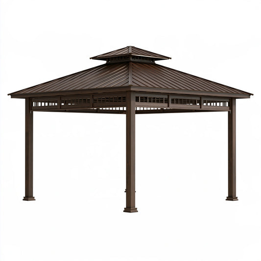 Gazebo 300x300x290 cm in metallo marrone con tetto a doppio livello per esterni