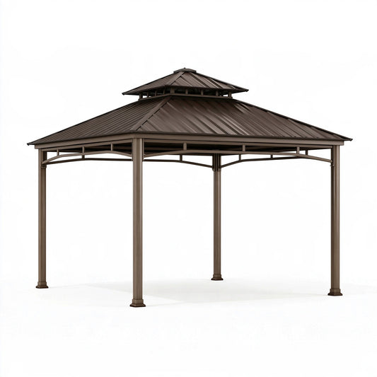 Gazebo da giardino 300 x 300 cm in metallo marrone - tetto a doppio livello per esterni