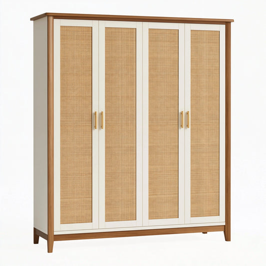 Armadio 200 x 60 x 200 cm in legno beige e marrone con ante in rattan stile naturale
