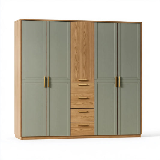 Armadio guardaroba 240 x 60 x 220 cm in legno ingegnerizzato verde salvia e rovere con 5 ante e 4 cassetti stile moderno