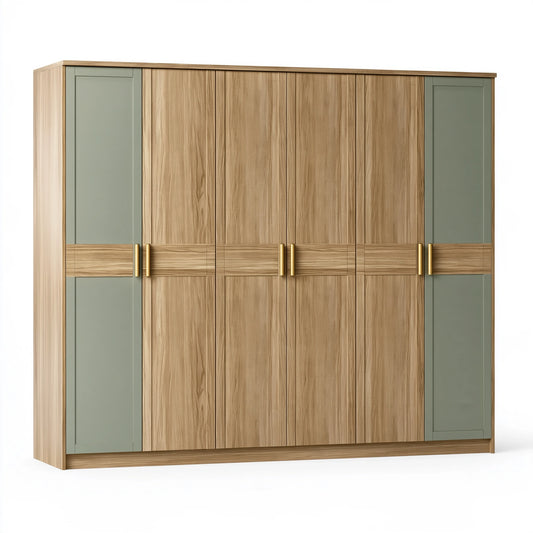Armadio 6 ante 240 x 60 x 220 cm in pannelli effetto rovere e verde salvia - stile contemporaneo