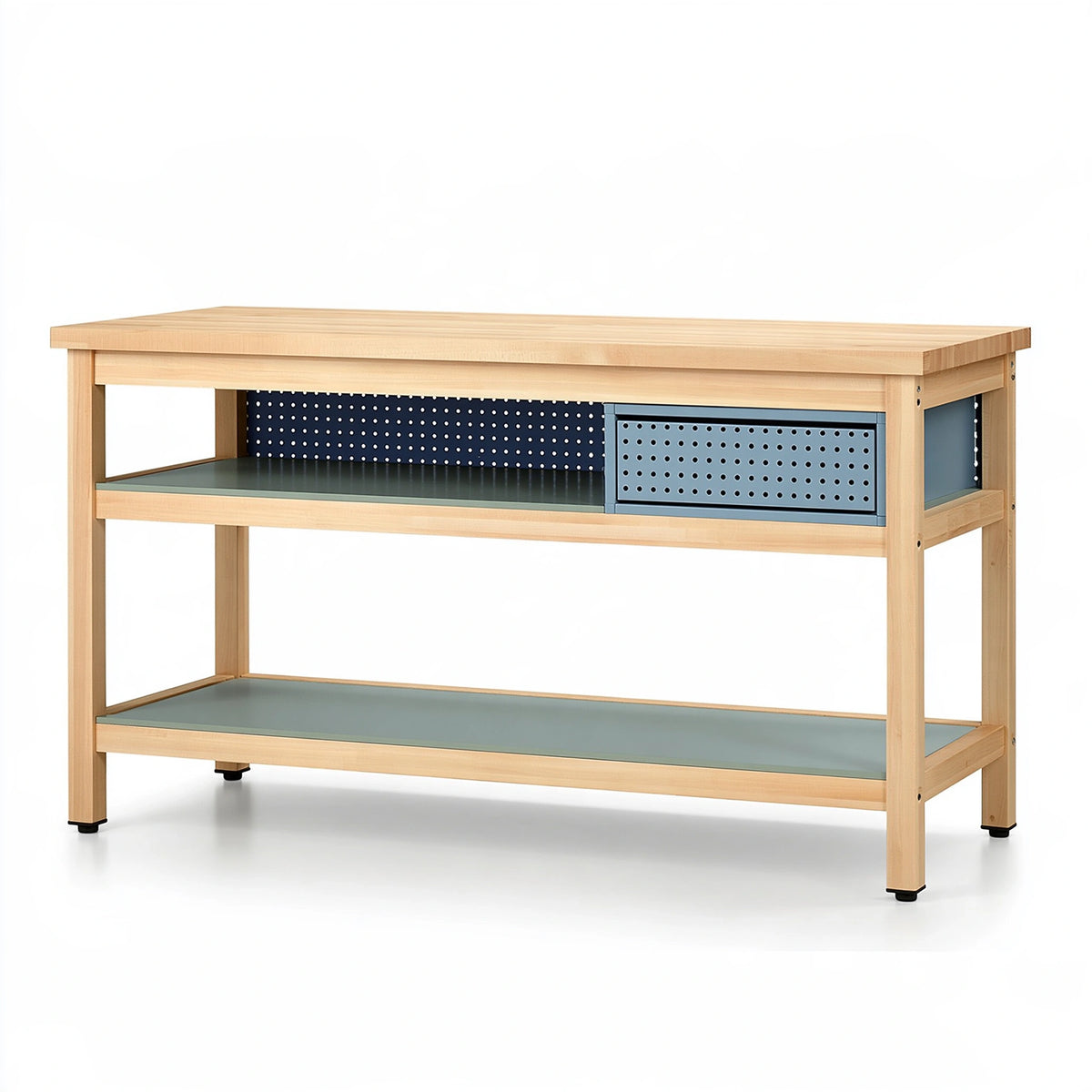 Banco da lavoro 160 x 70 x 90 cm in legno e metallo naturale/grigio con ripiani e cassetto