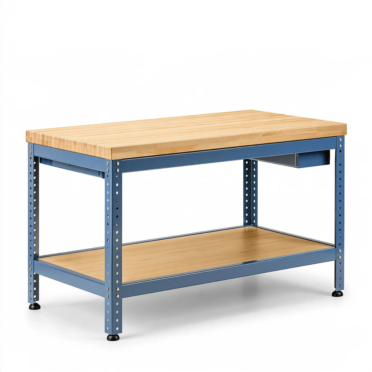 Banco da lavoro 120 cm x 60 cm x 90 cm in legno e acciaio blu con ripiano inferiore regolabile