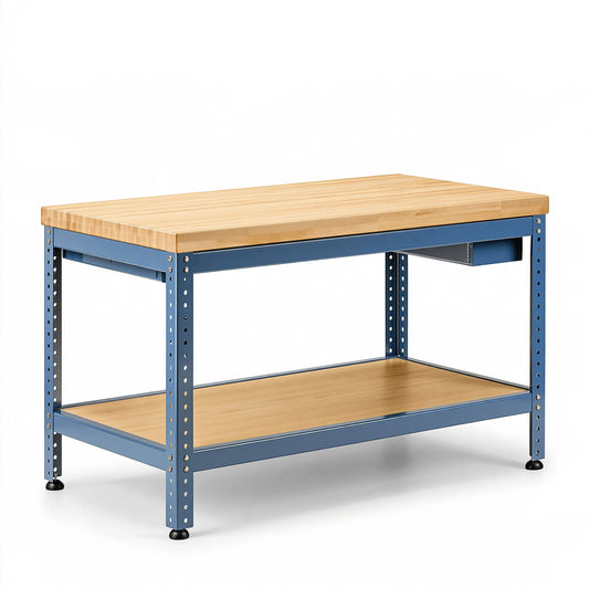 Banco da lavoro 120 cm x 60 cm x 90 cm in legno e acciaio blu con ripiano inferiore regolabile