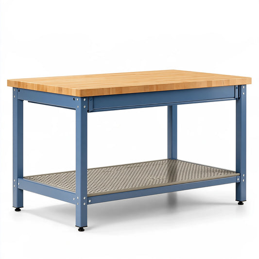 Banco da lavoro 120 x 60 x 85 cm in legno e acciaio blu con cassetto e ripiano perforato