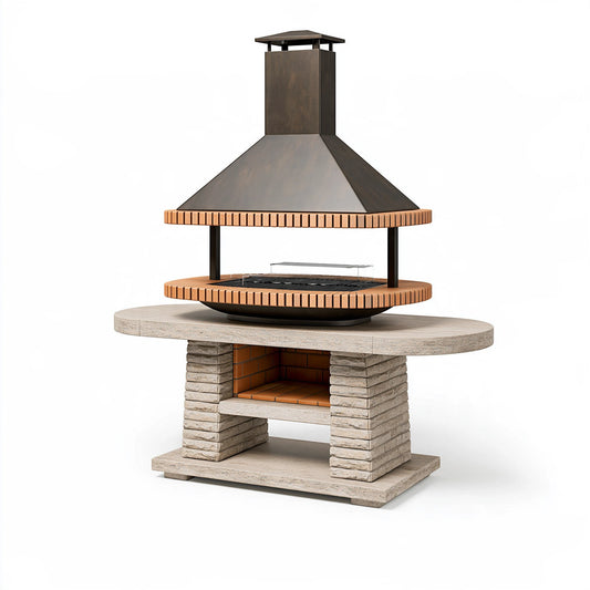Barbecue da giardino 140 x 80 x 230 cm in pietra e metallo marrone con cappa