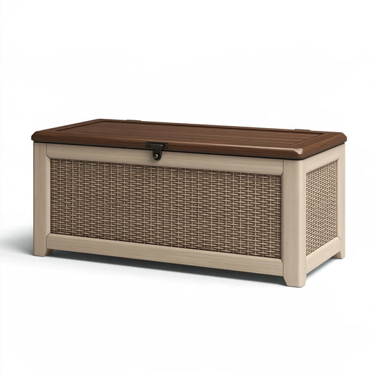Baule contenitore da esterno 120 x 60 x 65 cm in resina marrone e beige con coperchio stile rattan