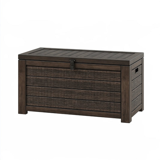 Cassapanca da esterno 120 x 60 x 63 cm in resina marrone scuro con coperchio e vano contenitore