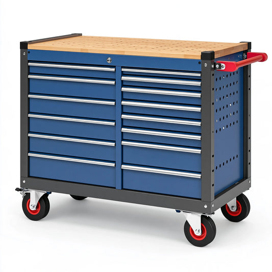 Carrello portautensili 110 x 60 x 95 cm in acciaio blu con piano in legno e 10 cassetti