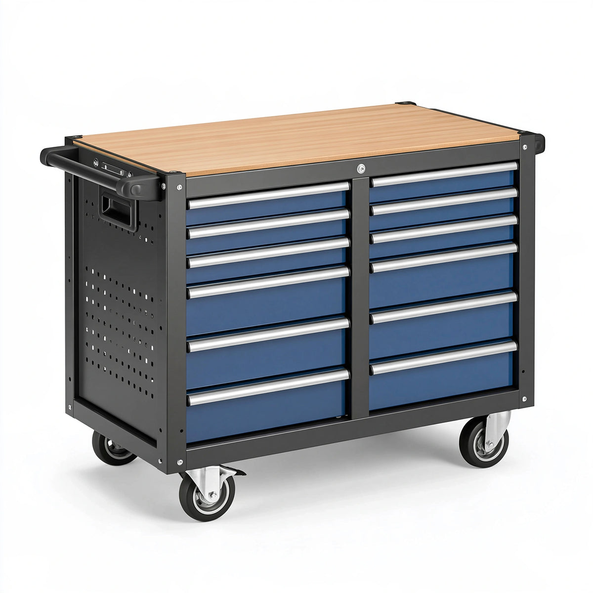 Carrello portautensili 110 x 50 x 100 cm in metallo nero e blu con piano in legno e 12 cassetti