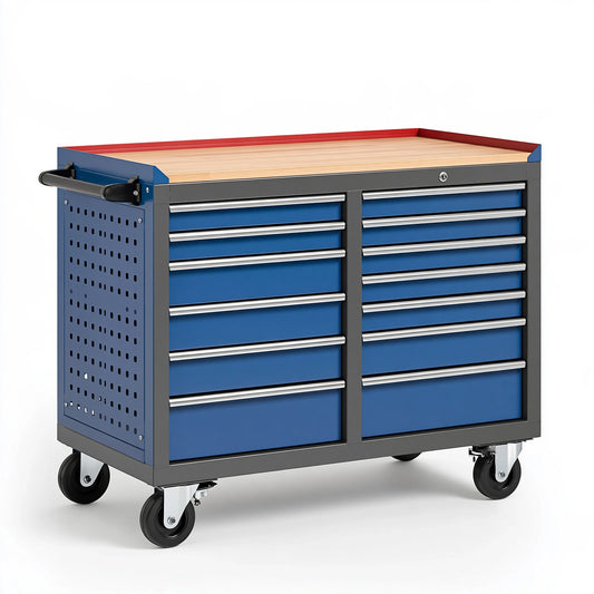 Carrello portautensili 122 x 61 x 95 cm in acciaio blu e grigio con 10 cassetti e ruote