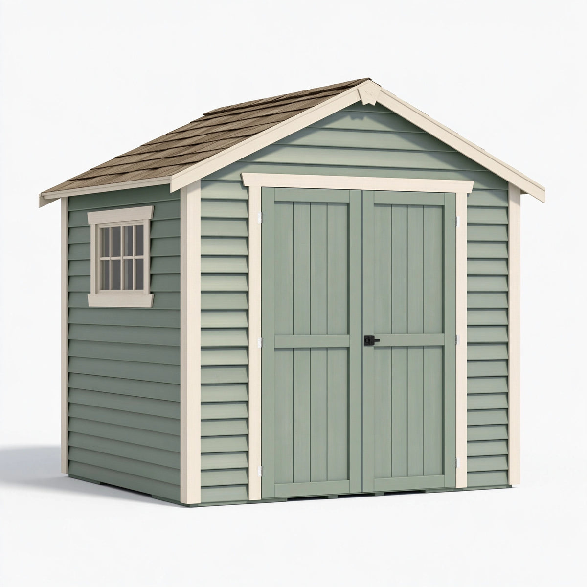 Casetta da giardino 244 x 183 x 226 cm in legno verde salvia con doppia porta stile classico