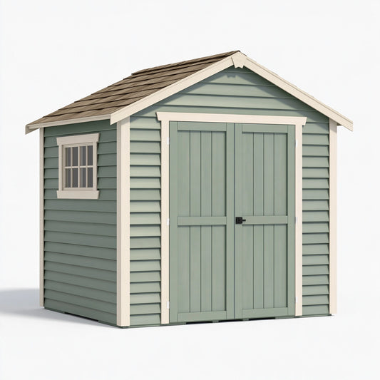 Casetta da giardino 244 x 183 x 226 cm in legno verde salvia con doppia porta stile classico