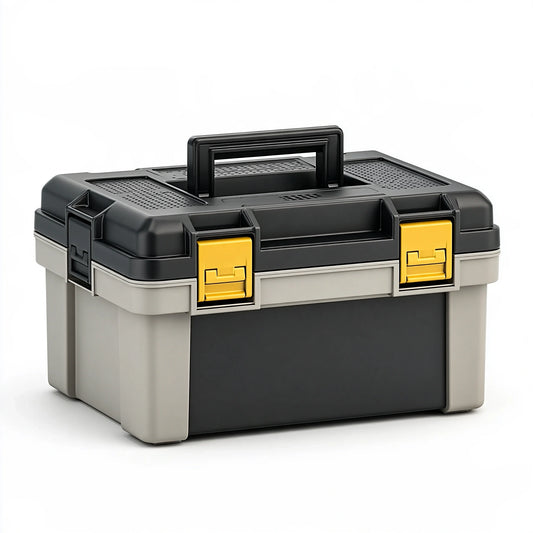 Cassetta portautensili 48 x 25 x 26 cm in plastica nero/grigio/giallo con maniglia e scomparti