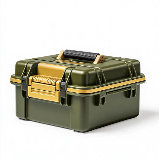 Cassetta porta attrezzi 45 x 30 x 28 cm in plastica verde oliva e oro con maniglia