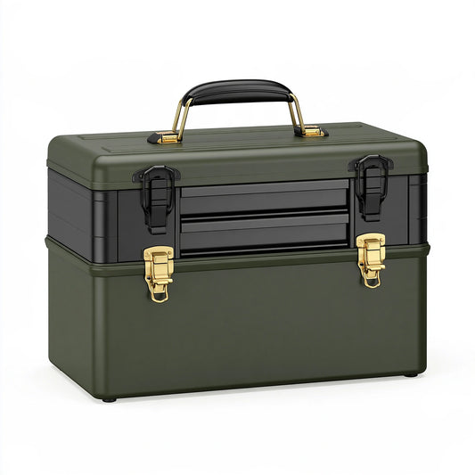 Cassetta porta attrezzi 45 x 25 x 35 cm in plastica verde oliva con chiusure metalliche